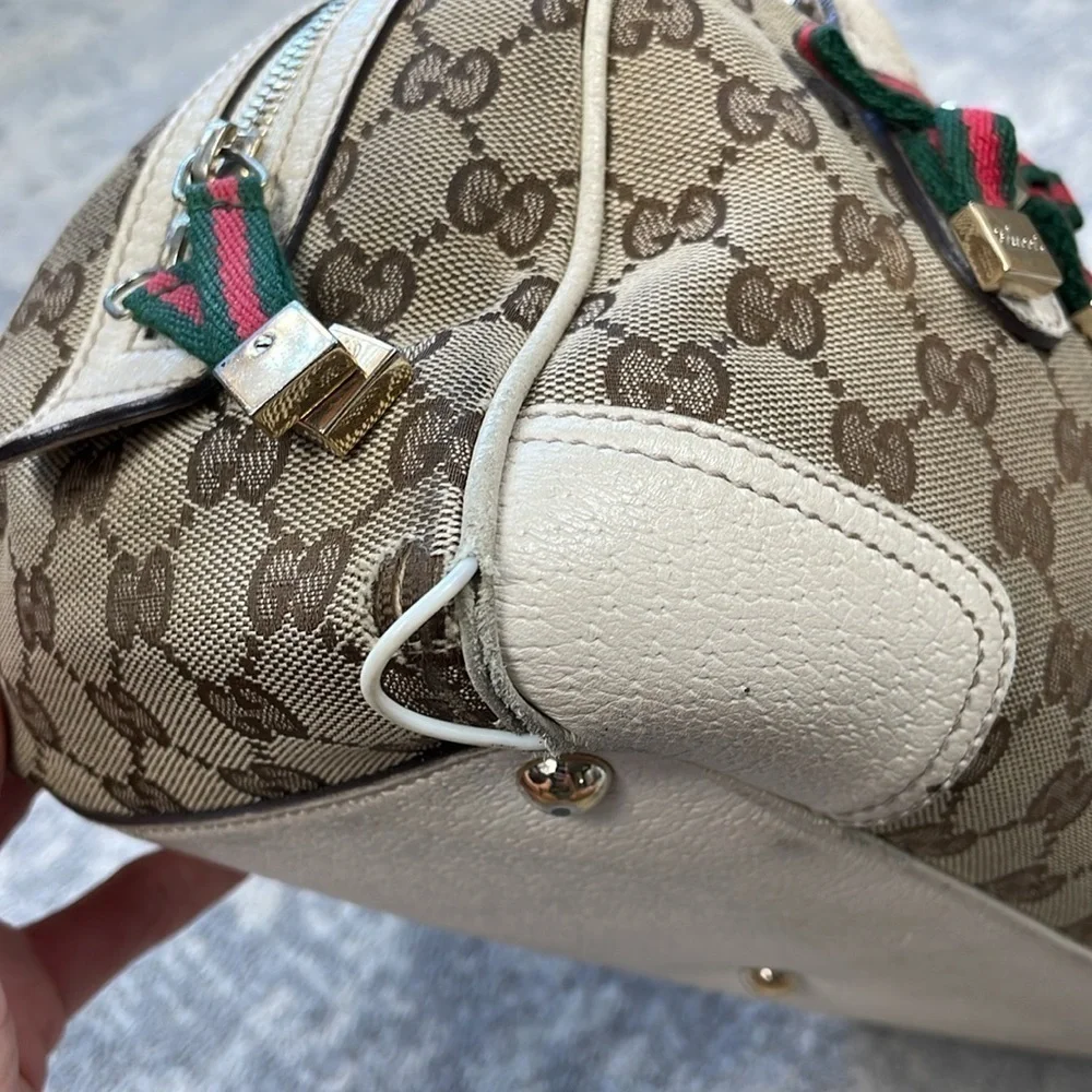 Vintage Gucci Princy GG Monogram Logo Sherry Line Web Shoulder Bag Tan Ivory